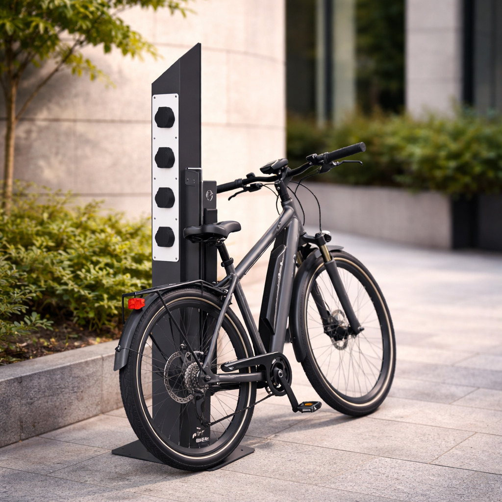 e ladesäule fahrrad E-Bike Ladesäule 4-fach Schuko – Edelstahl anthrazit (RAL 7016) – e-fuss.de